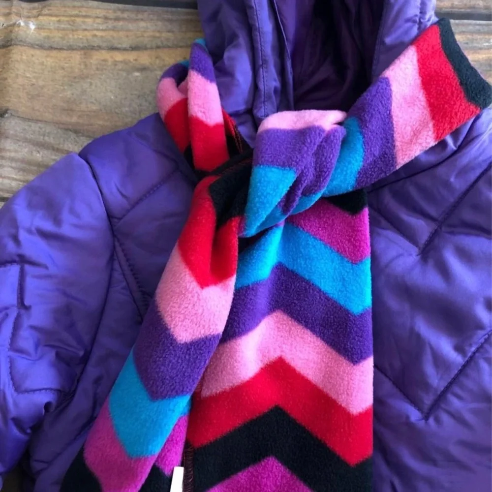 R1881 Quilt Puffer Hooded Purple Jacket with Scarf Kid Girls, size (M) 10/12 NWT